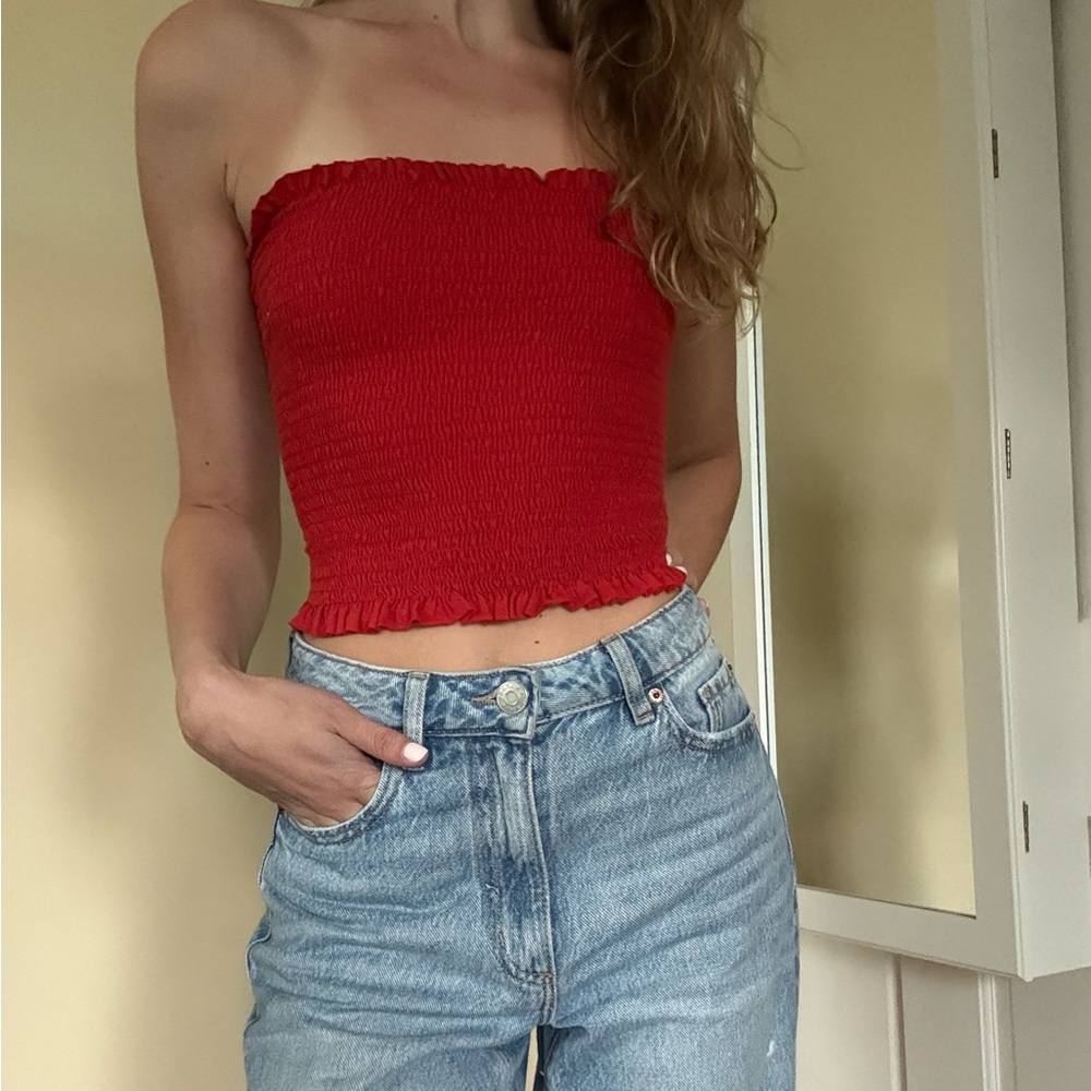 Red Strapless Smocked Top